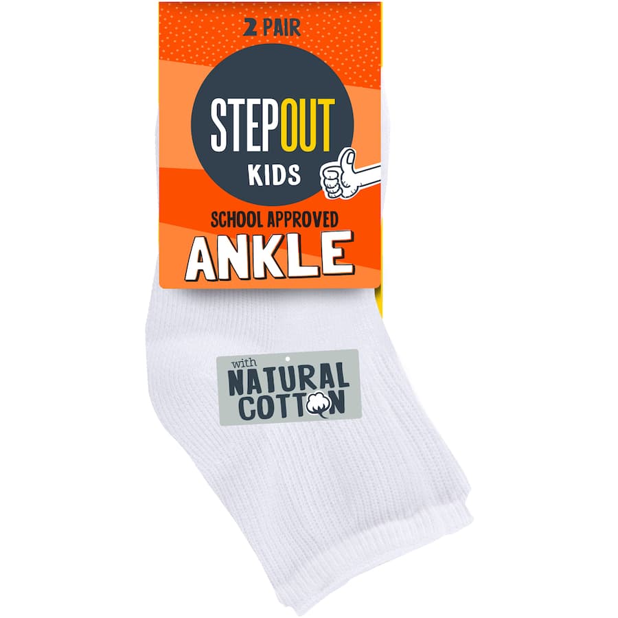 Stepout Socks White Ankle 8-10 Yrs 2pack