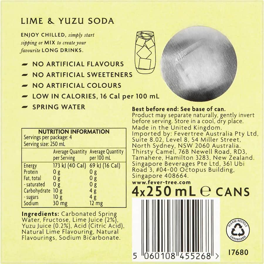 Fever Tree Soda Lime & Yuzu 250ml cans 4pack