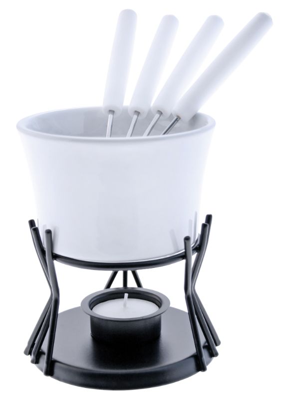 Chocolate fondue set with a ceramic bowl, metal stand, and 4 stainless steel forks for indulging in melted chocolate.