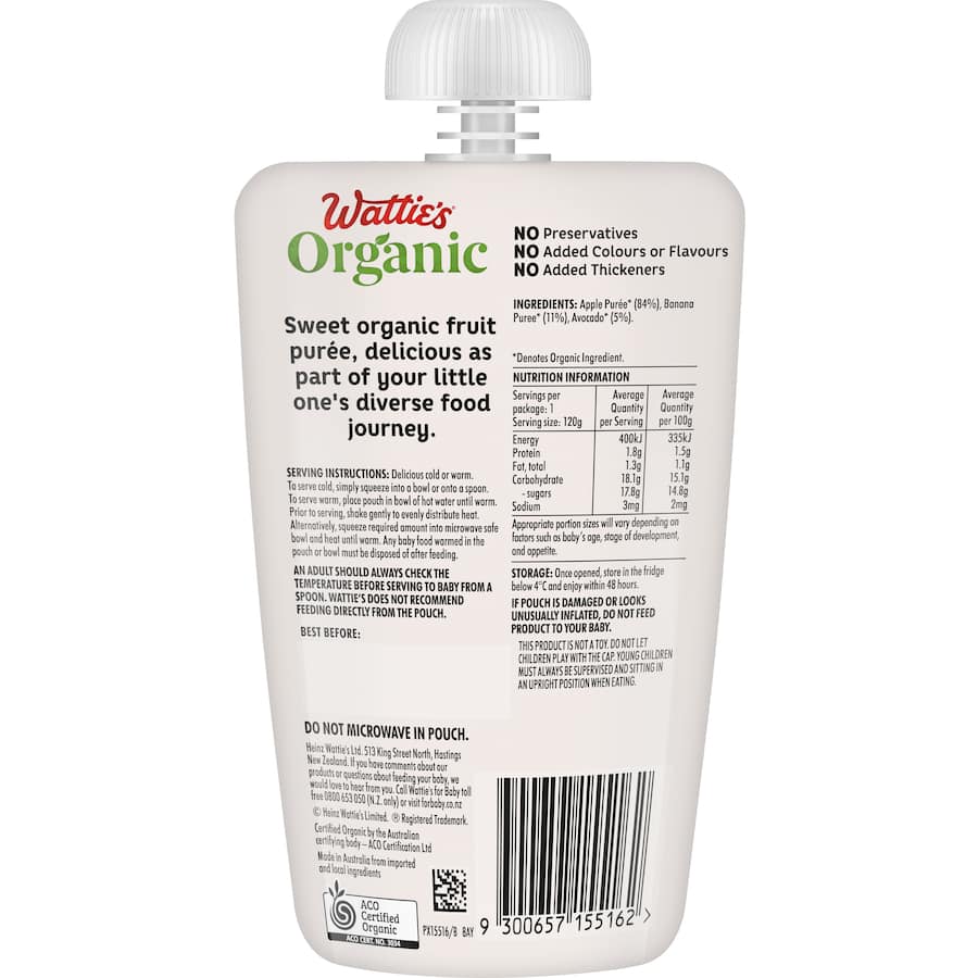 Wattie's Organic Baby Food 6+ Months Apple Banana & Avocado 120g