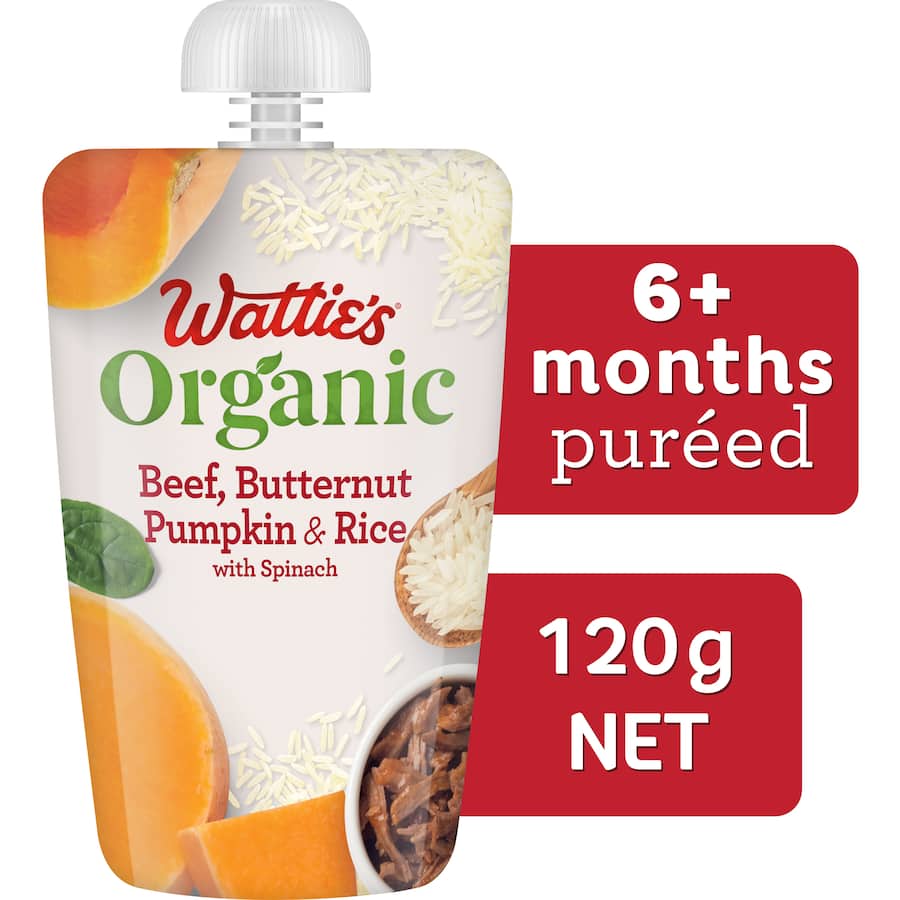 Wattie's Organic Baby Food 6+ Months Beef Pumpkin Rice Spinach Pouch 120g