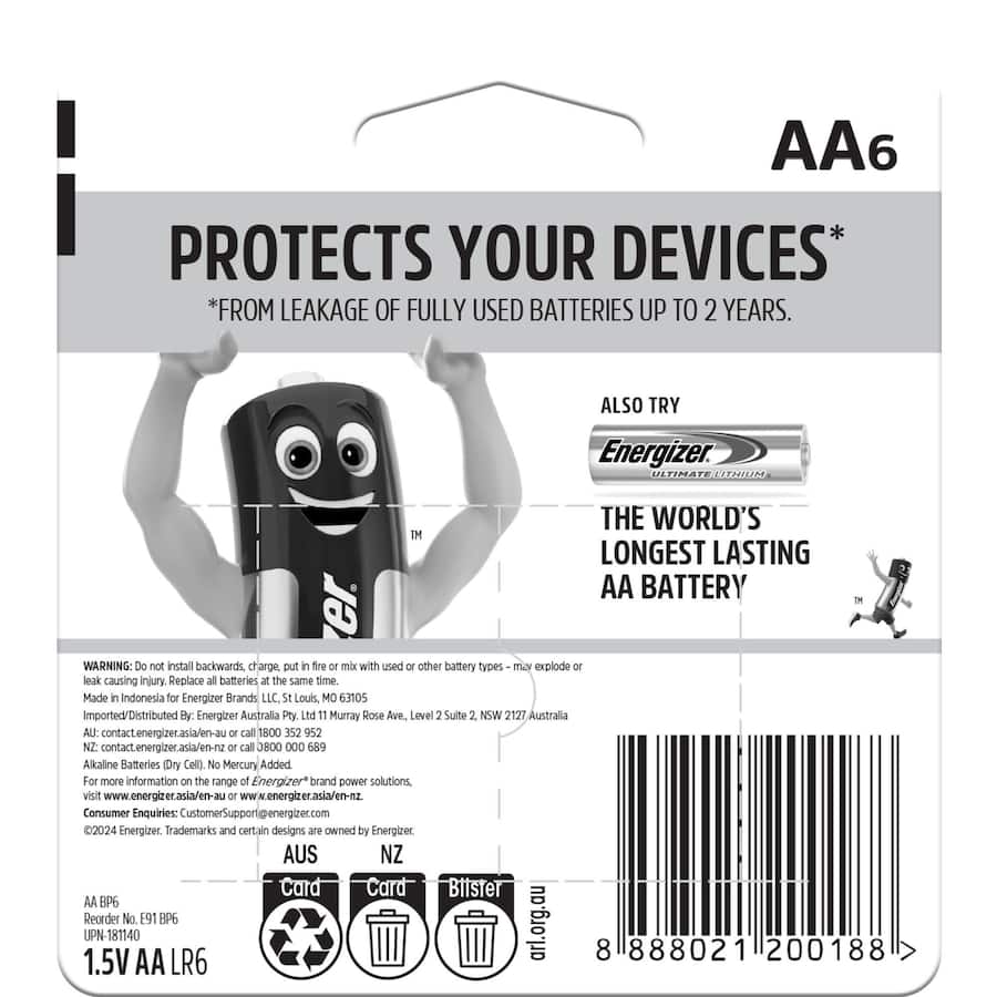 Energizer Max Batteries Alkaline Aa 6pack