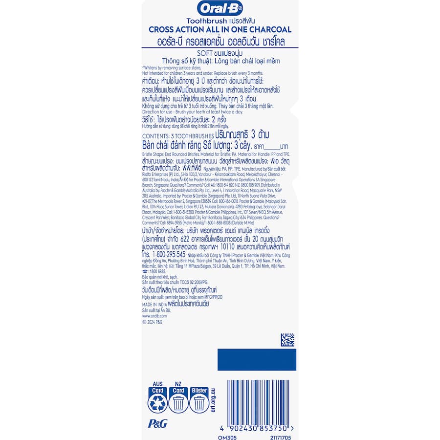 Oral B Toothbrush Cross Action Charcoal 3pack