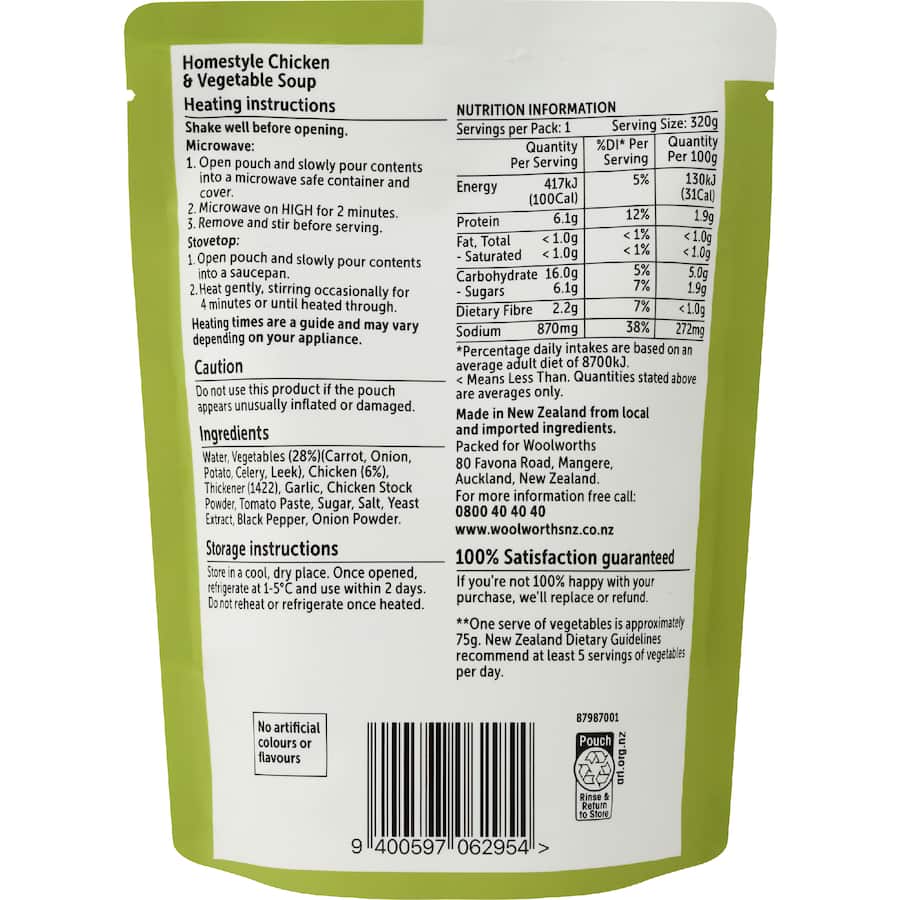 Woolworths Soup Chicken & Vegetable Pouch 320g