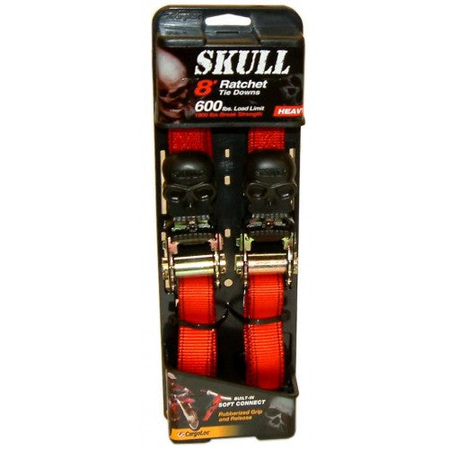 Red Cargoloc 'Skull' Ratchet Tiedowns featuring a rubberized skull design, 2.4m length, 400kg capacity, and high abrasion resistance.