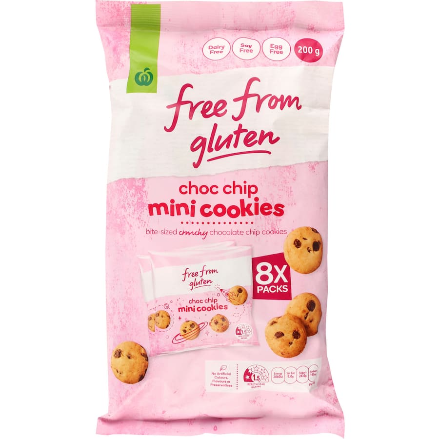 Woolworths Free From Gluten Mini Cookies Choc Chip 200g Multipack 8pack