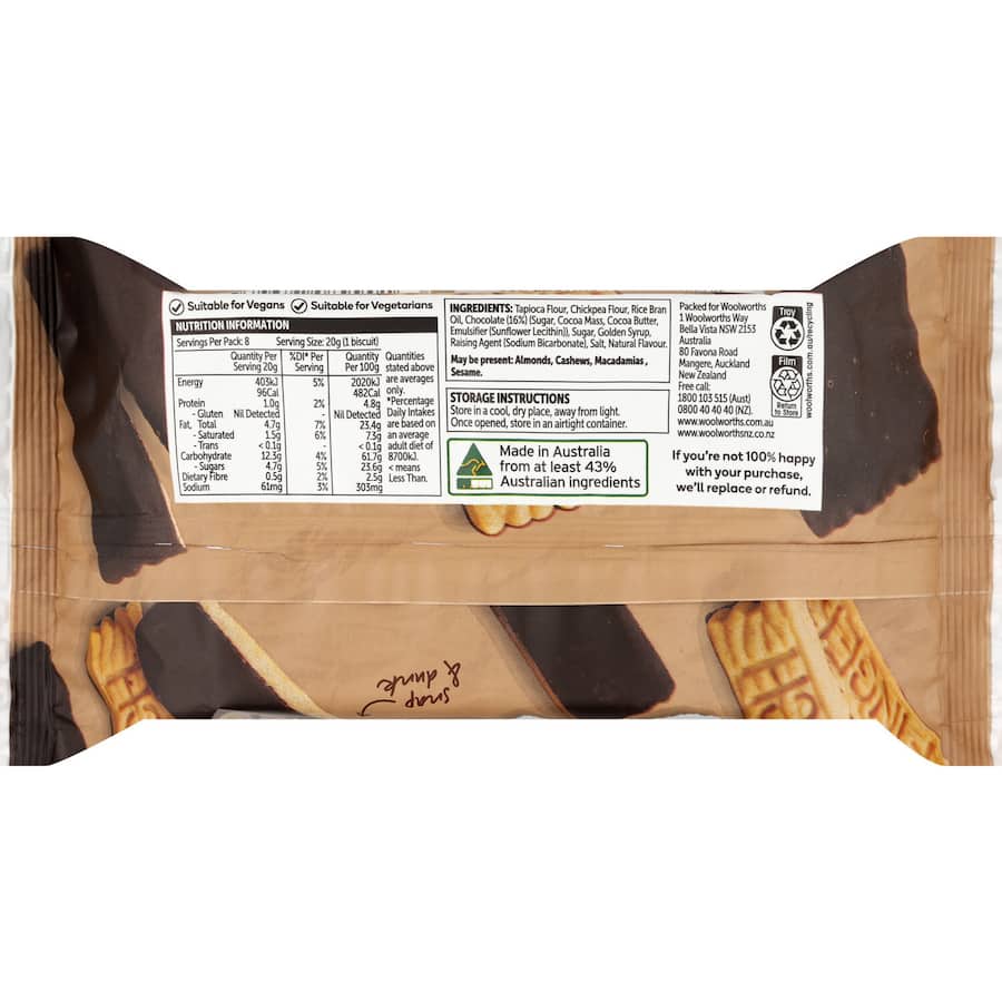 Woolworths Free From Gluten Chocolate Biscuits Scotch Fingers 160g