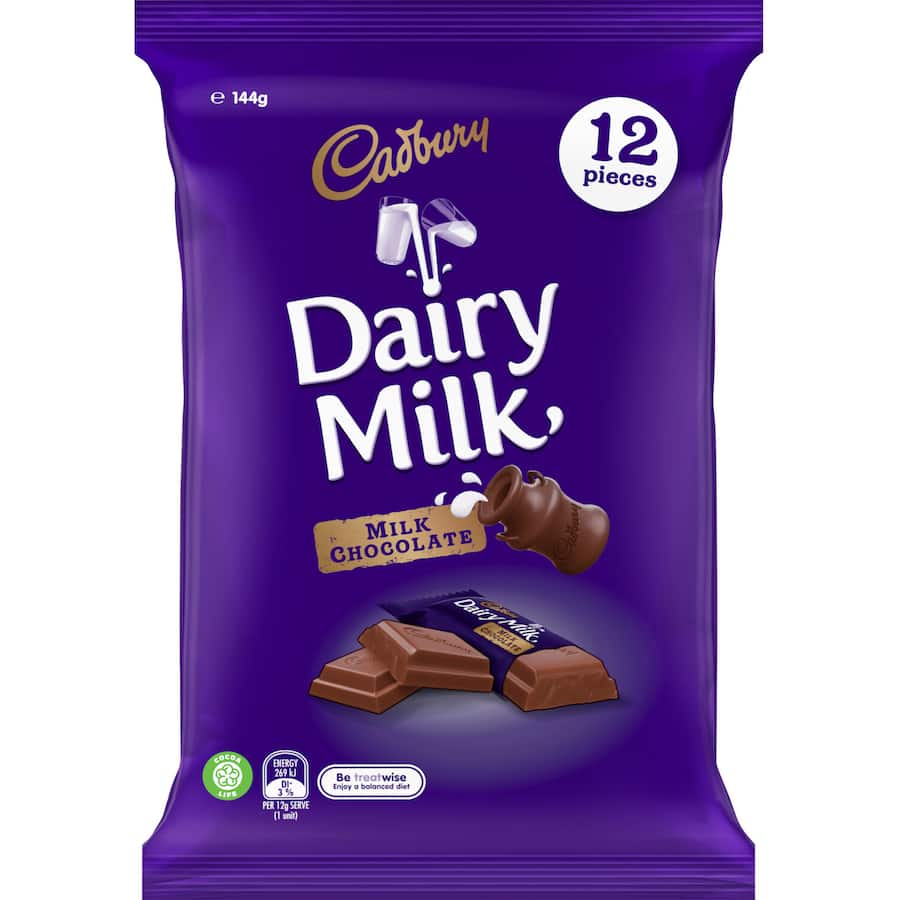 Cadbury Chocolate Sharepack Dairy Milk 144g bag 12pack