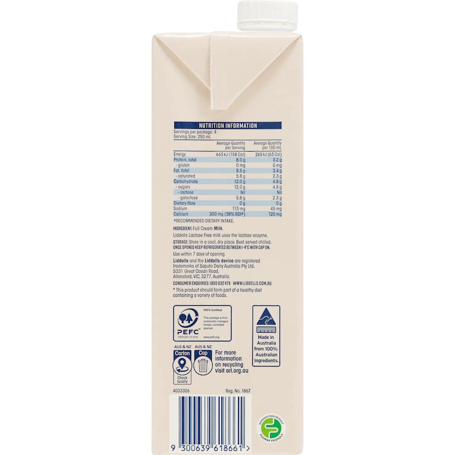 Liddells Milk Lactose Free Full Cream 1L