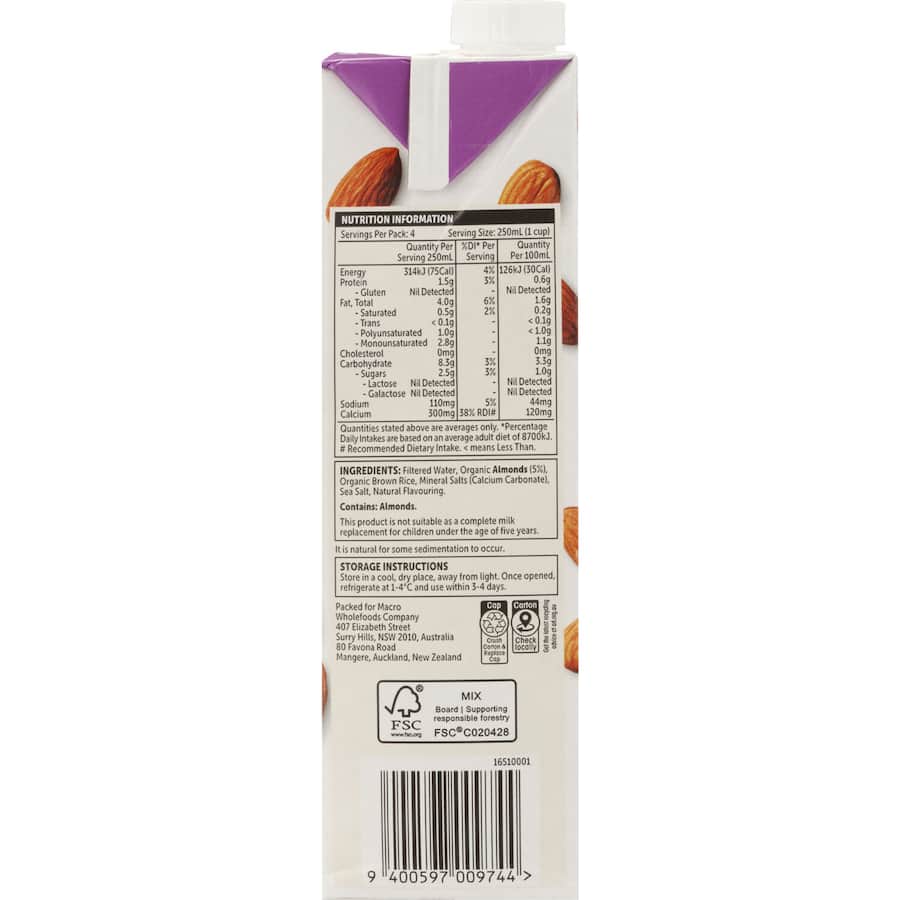Macro Organic Almond Milk Unsweetened Carton 1L