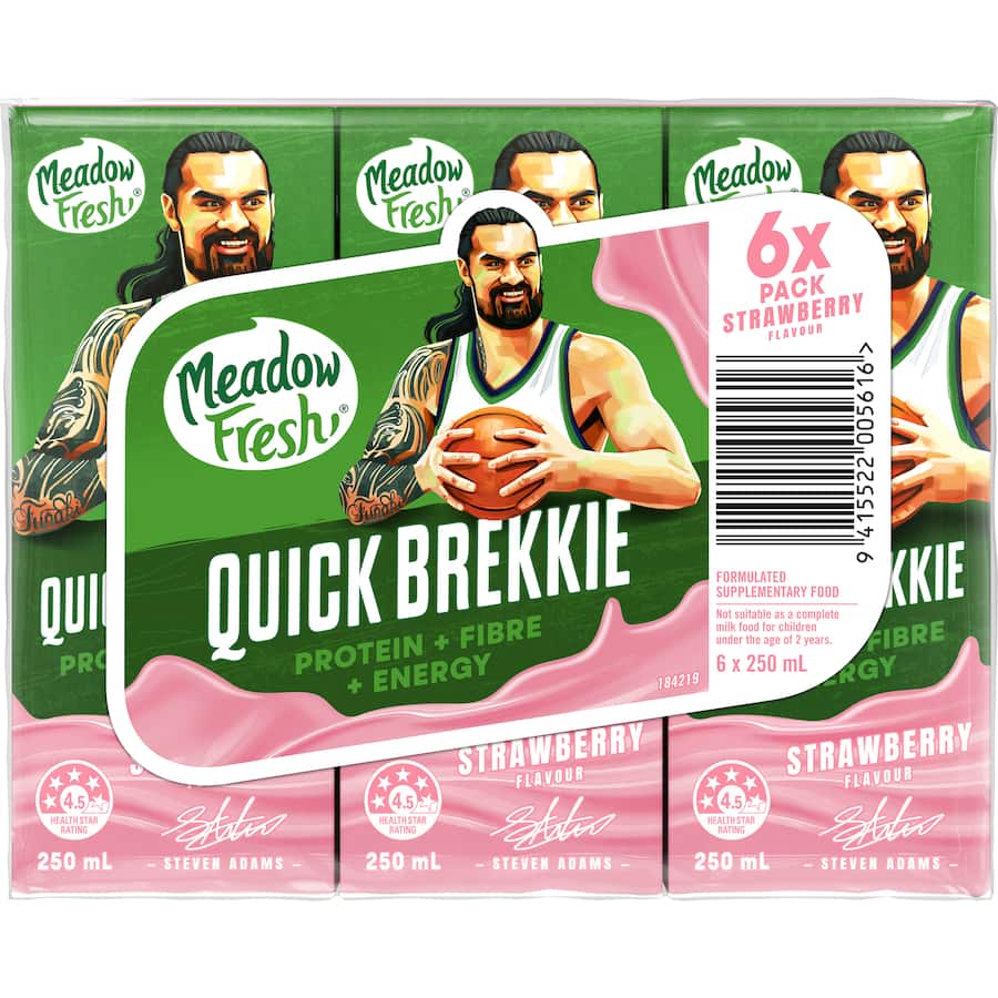 Meadowfresh Quick Brekkie Breakfast Drink Strawberry Milk 250ml uht packs 6pack
