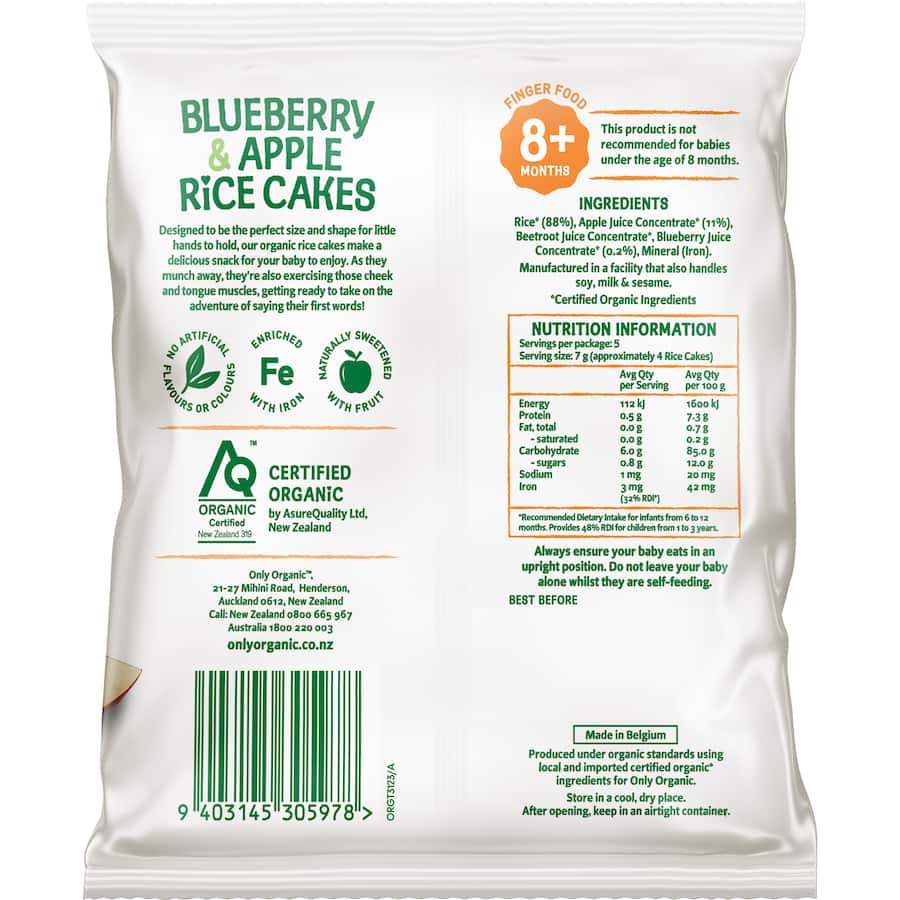 Only Organic Baby Snacks Rice Cakes Blueberry & Apple 35g