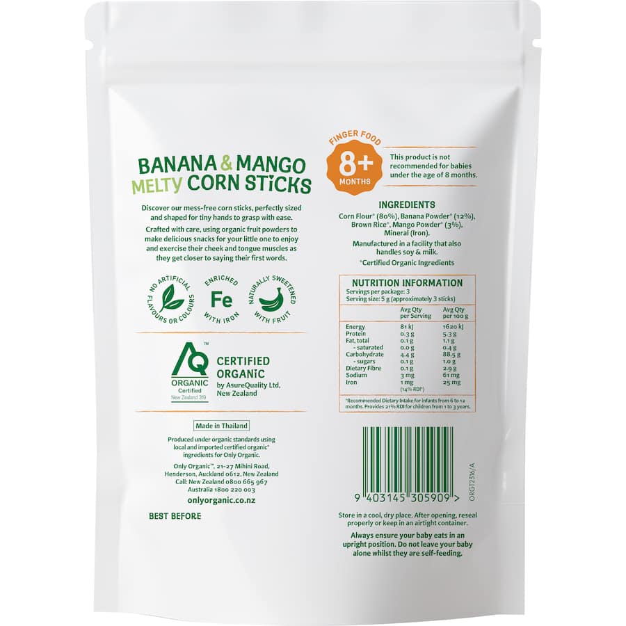 Only Organic Baby Snacks Banana & Mango Corn Sticks 15g