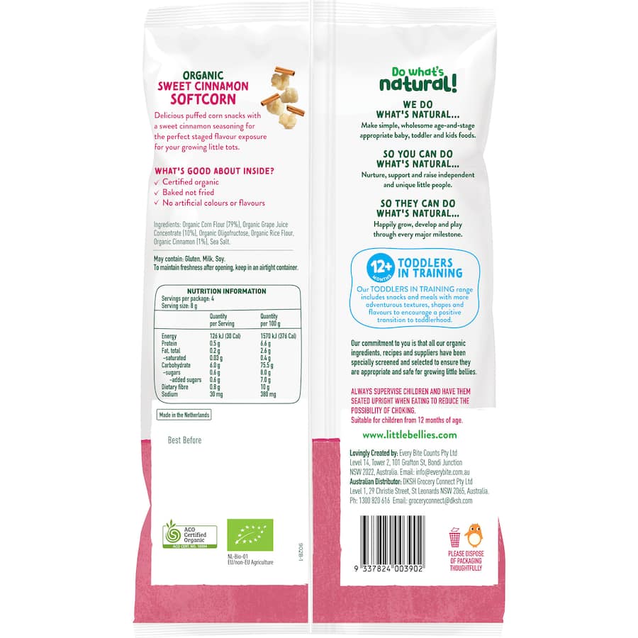 Little Bellies Organic Baby Snacks Sweet Cinnamon Softcorn 4x8g