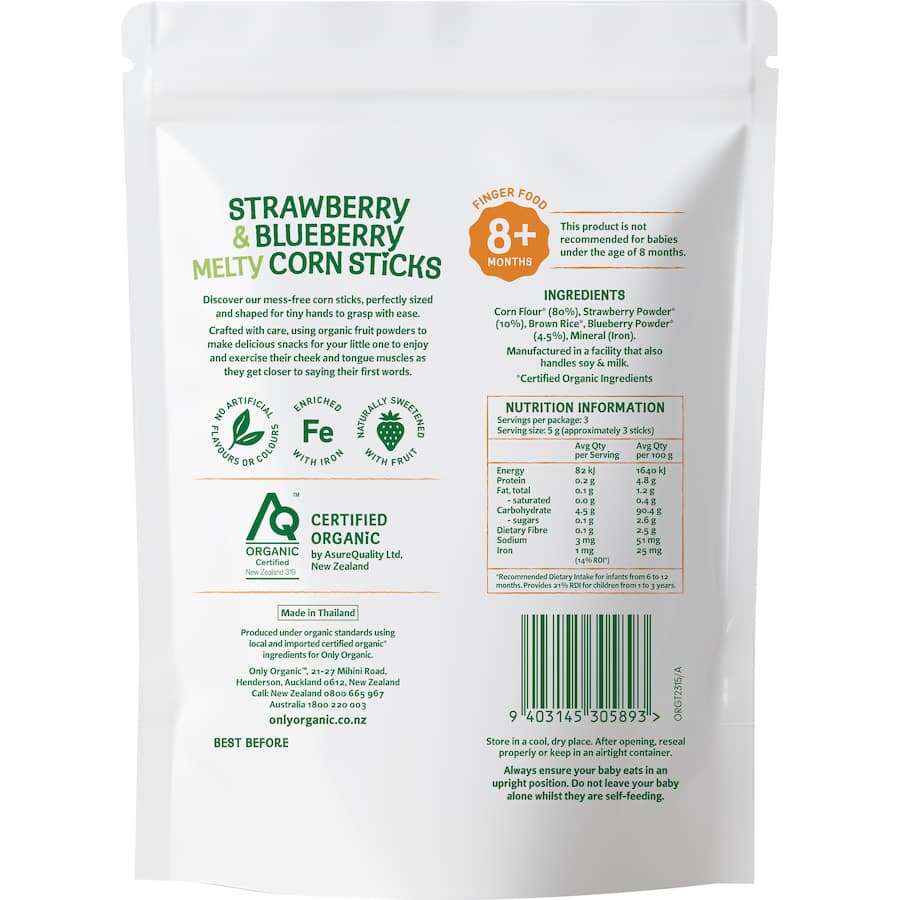 Only Organic Baby Snacks Strawberry Corn Sticks 15g