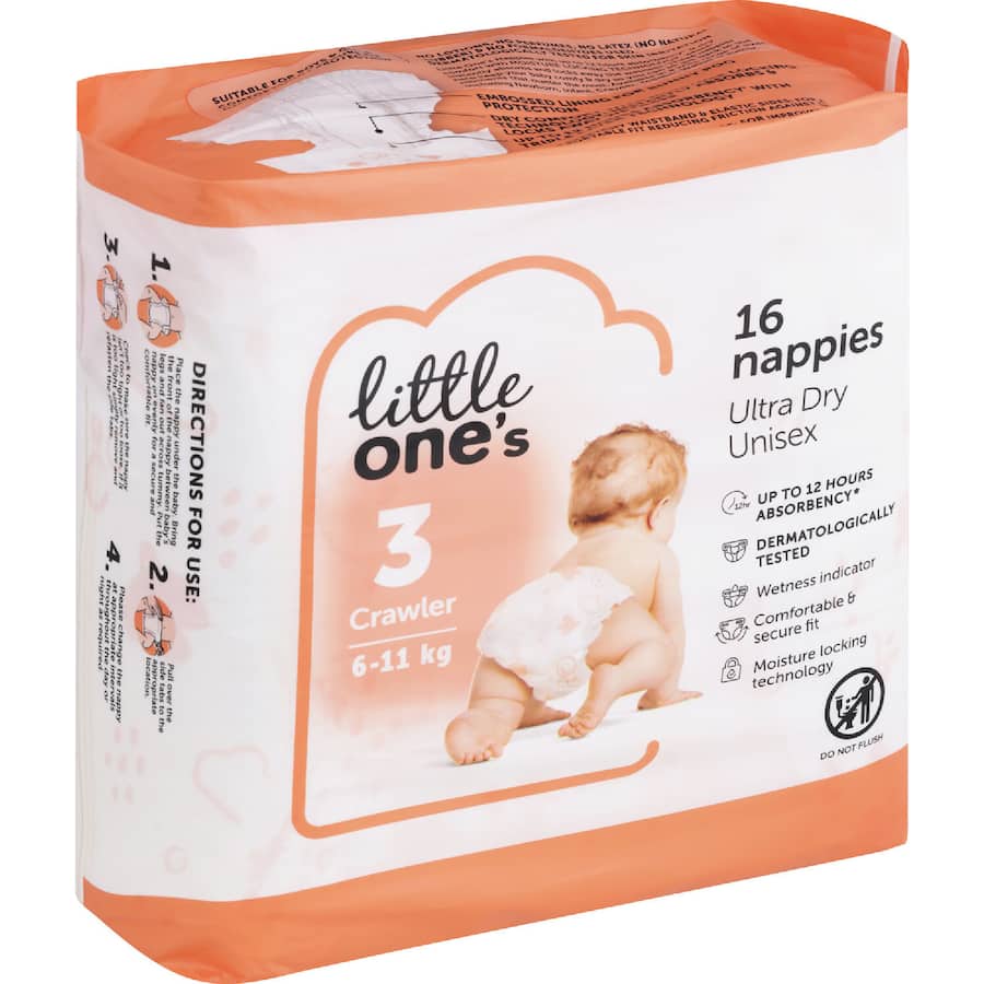 Little One's Convenience Nappies Crawler Boys & Girls 6-11kg Size 3 16pack