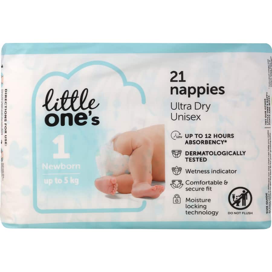Little One's Convenience Newborn Nappies Boys & Girls Up To 5kg Size 1 21pack