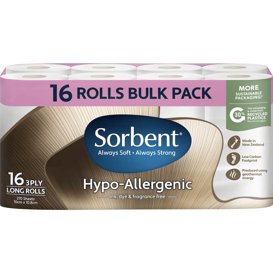 Sorbent Toilet Paper Hypo Allergenic Long Roll 3ply 16pack