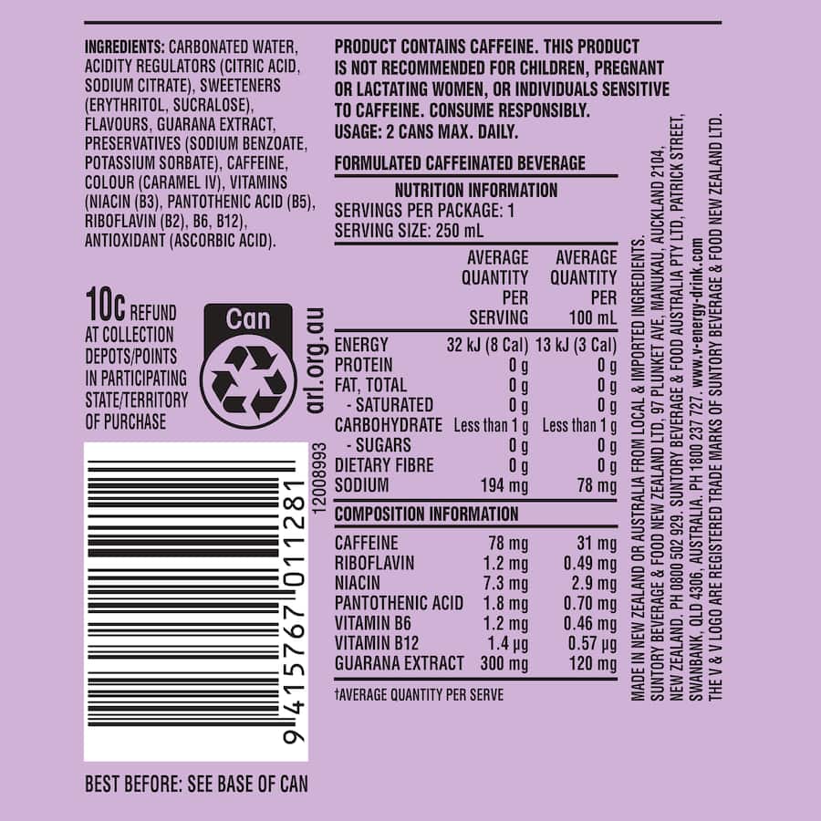 V Refresh Energy Drink Blackcurrant Yuzu 250mL