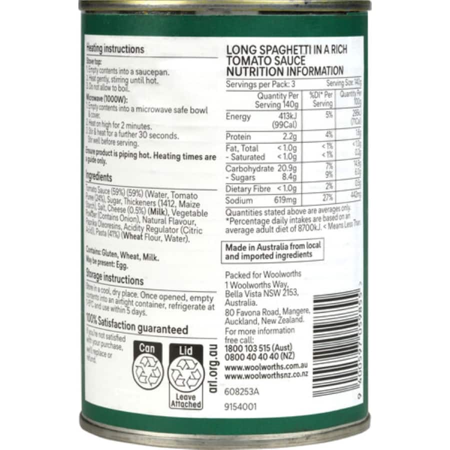 Woolworths Pasta Long Spaghetti Can 420g