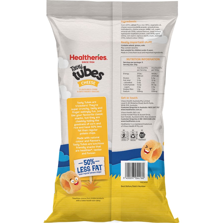 Healtheries Kids Corn Snacks Tasty Cheese Tubes 100g