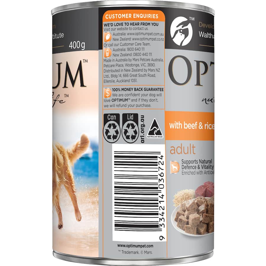 Optimum Wet Dog Food With Beef & Rice Can 400g