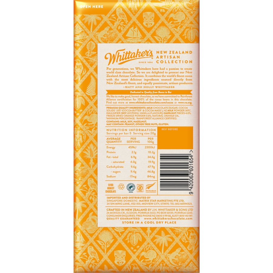 Whittakers Chocolate Block Gisborne Orange & Hazelnut 100g