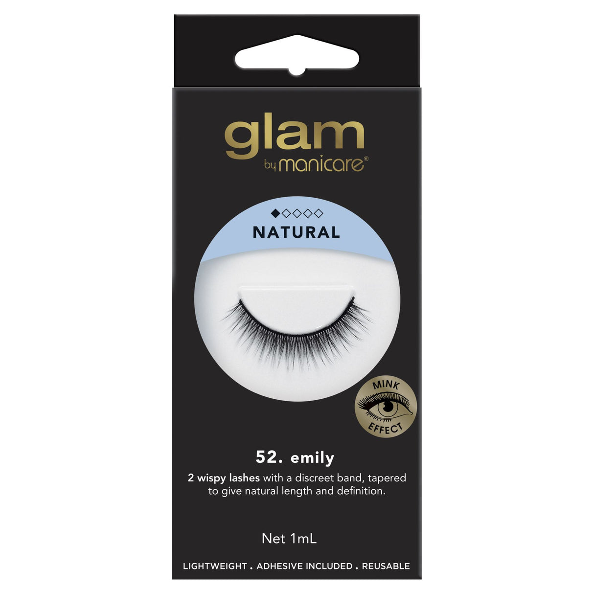 Glam By Manicare 52 Emily Mink Effect Lashes offer natural length, volume, and hypoallergenic adhesive for sensitive eyes.