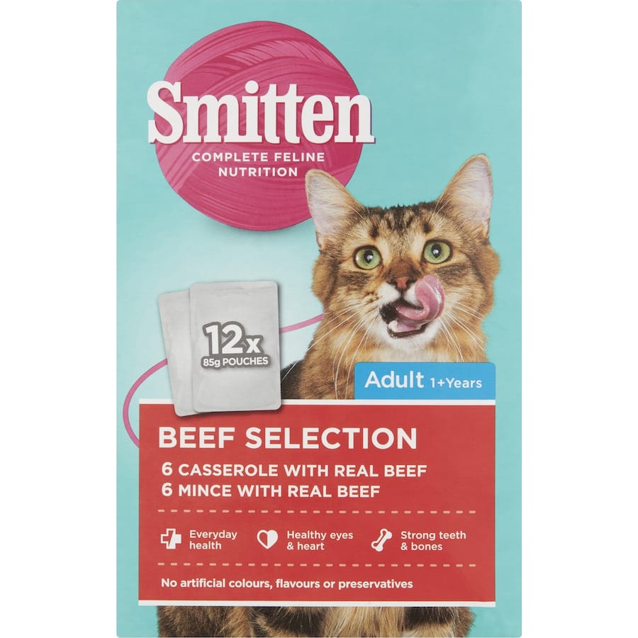 Smitten Wet Cat Food Beef Selection Pouches 12x85g