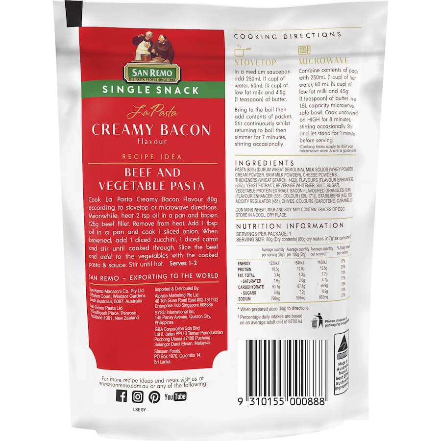 San Remo La Pasta Pasta & Sauce Creamy Bacon Single snack 80g