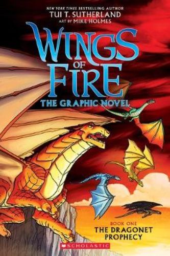 "Cover of Wings of Fire Graphic Novel #1 featuring five dragonets ready for adventure in a colorful, fantastical world."