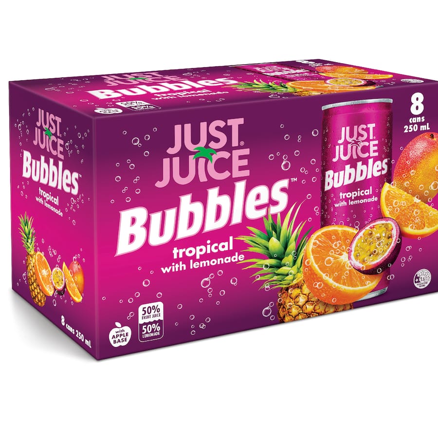 Just Juice Bubbles Fruit Drink Tropical 8 pack can 250mL