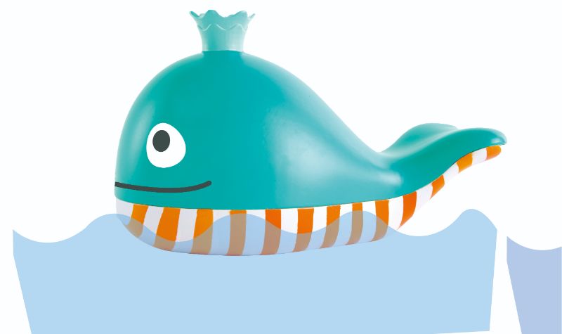 Vibrant Hape Bubble Blowing Whale bath toy creating bubbles, designed for 2+ years to inspire creativity and fun during bath time.