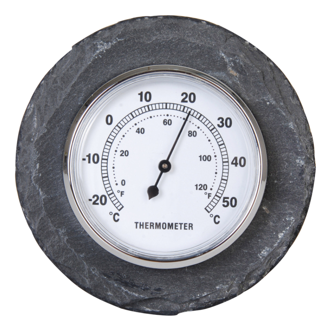 Slate Round Thermometer (12cm) with easy-to-read dial in Celsius and Fahrenheit, featuring a stylish slate edge and gift packaging.