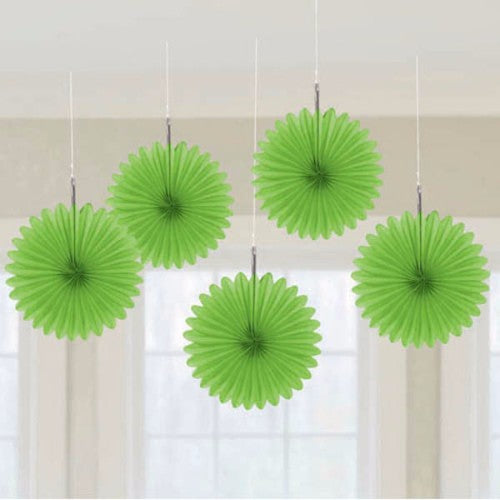 Mini lime green hanging fans, 15cm, perfect for festive decor - pack of 5.