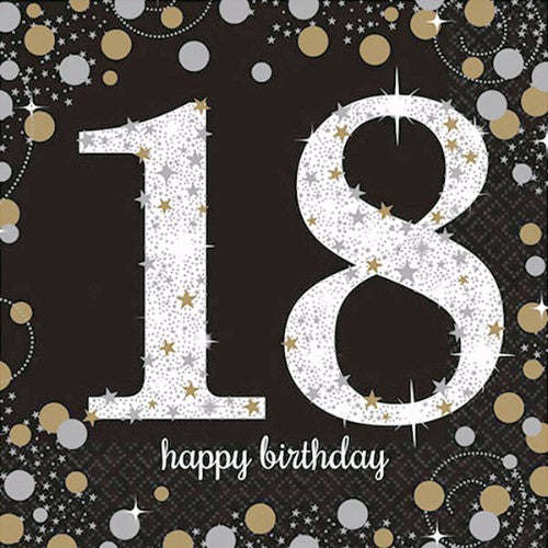 Sparkling Black 18th Birthday Lunch Napkins - Pack of 16