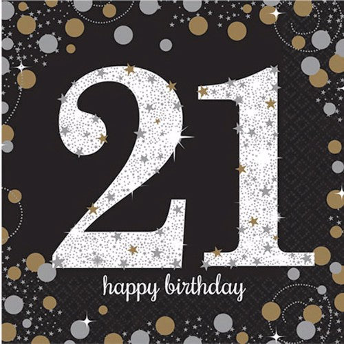 Sparkling Black 21st Birthday Lunch Napkins - Pack of 16