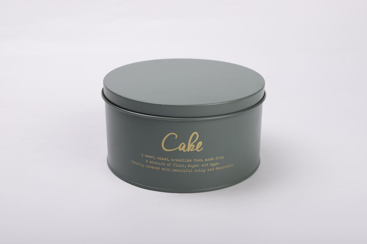 Compact 18cm Rockingham cake tin in gray-green with gold lettering, ideal for baking layered cakes and cheesecakes.