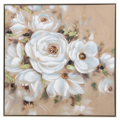 Hand-painted white flower artwork in a luxurious gold frame, adding elegance and charm to any room.