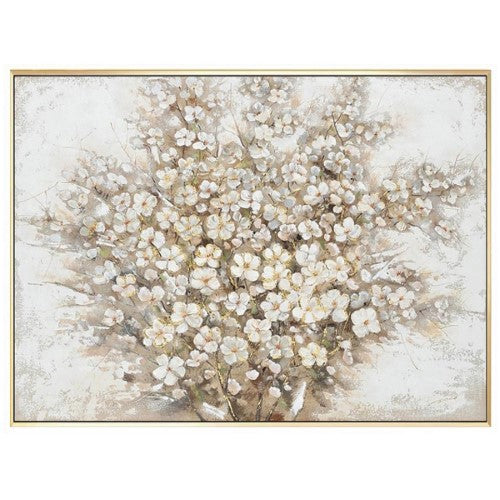Luxurious hand-painted white flower canvas art in a chic gold frame, adding elegance and sophistication to any space.