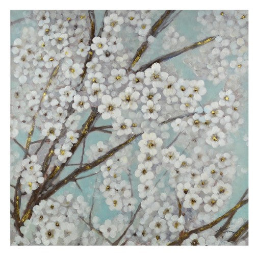 White and blue flower canvas painting, showcasing delicate blooms for an elegant home decor accent.