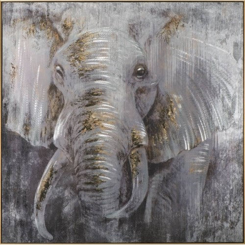 Grey elephant painting in a gold frame, adding elegance and sophistication to any space with its artistic charm.