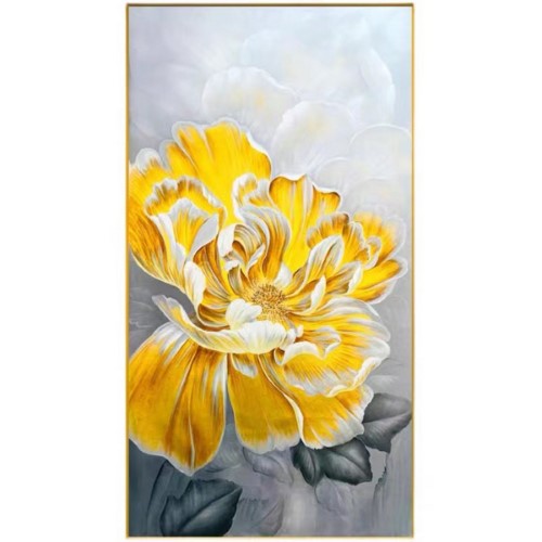 Yellow flower artwork in an elegant gold frame, adding vibrant beauty and luxury to home decor.