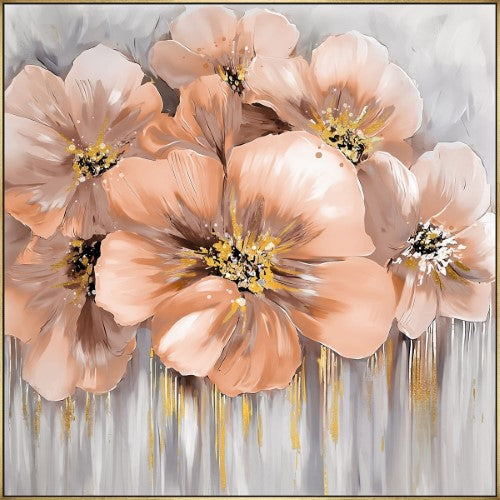 Hand-painted pink flower artwork in elegant gold frame, perfect for enhancing any room's decor and style.