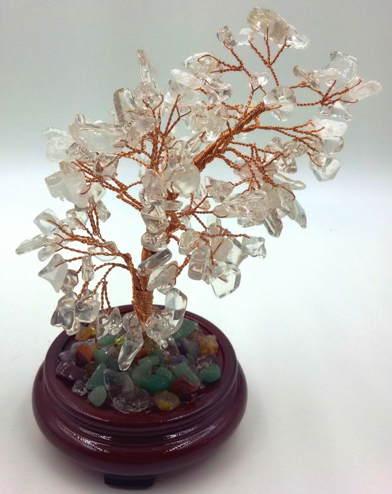 Handmade 23cm Clear Quartz Gemstone Tree with twisted metal branches and rustic wooden base, symbolizing growth and harmony.