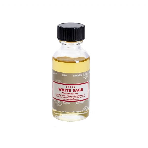 Fragrance oil bottle featuring Satya White Sage, perfect for oil burners and diffusers to create an exotic ambiance.