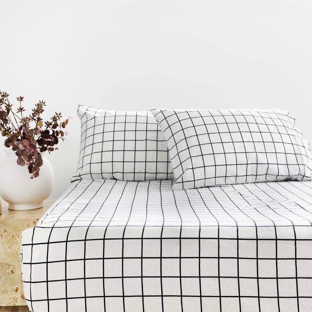 Grid Black Flannelette Fitted Sheet Set King - Bambury