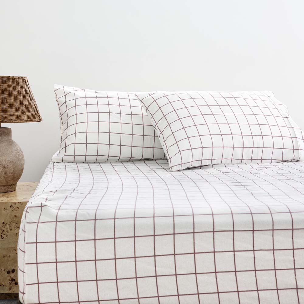 Grid Boysenberry Flannelette Fitted Sheet Set King Single - Bambury