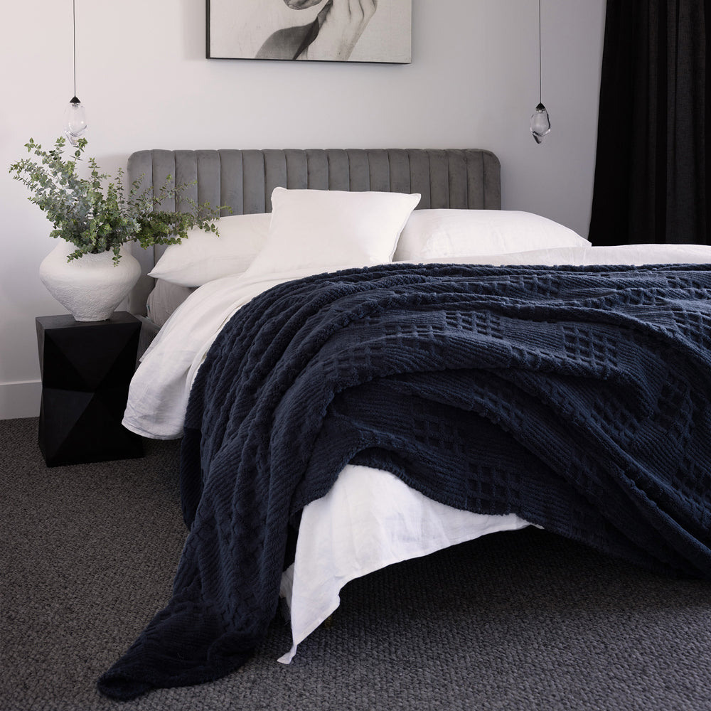 Lattice Sherpa Blanket Navy King Bed