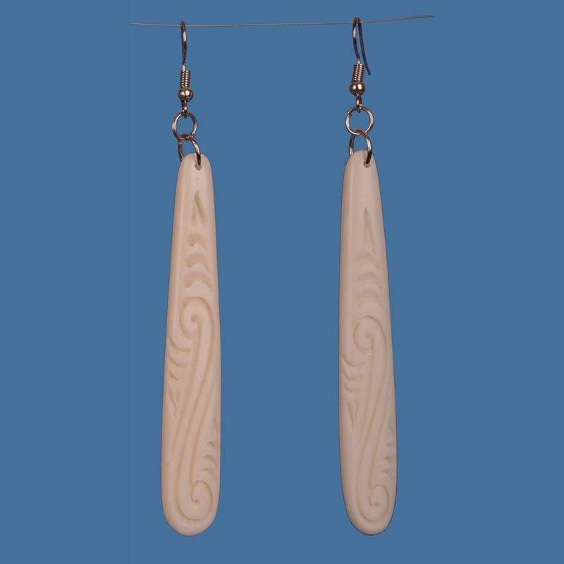 Bone Drop Earrings featuring unique Maori craftsmanship, handcrafted from beef bone, with a substantial 75mm drop.